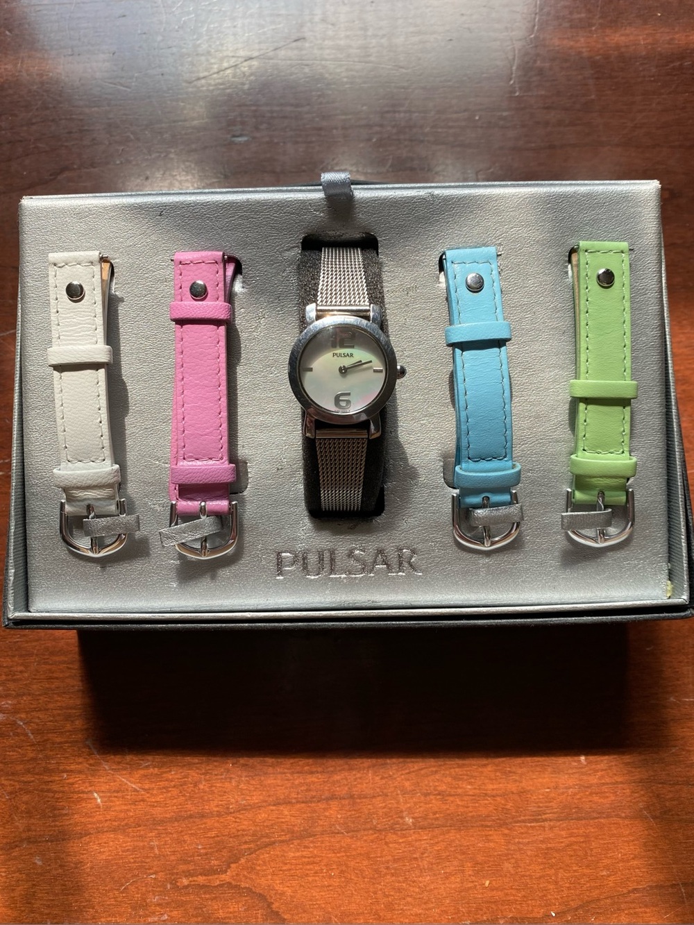 Vintage Pulsar Watch Set with Pink, Blue, Green, White, & Silvertone Straps